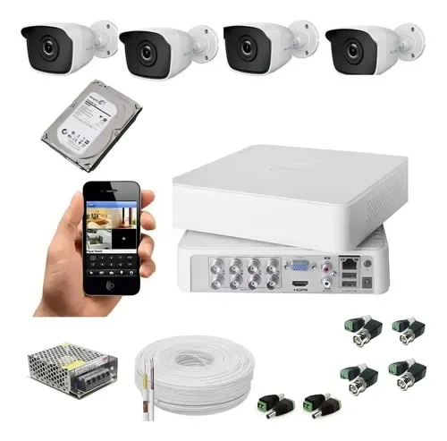 Kit CFTV Hilook 4 Câmeras Infravermelho 2MP DVR 8 Canais HD 500GB Completo para Instalação